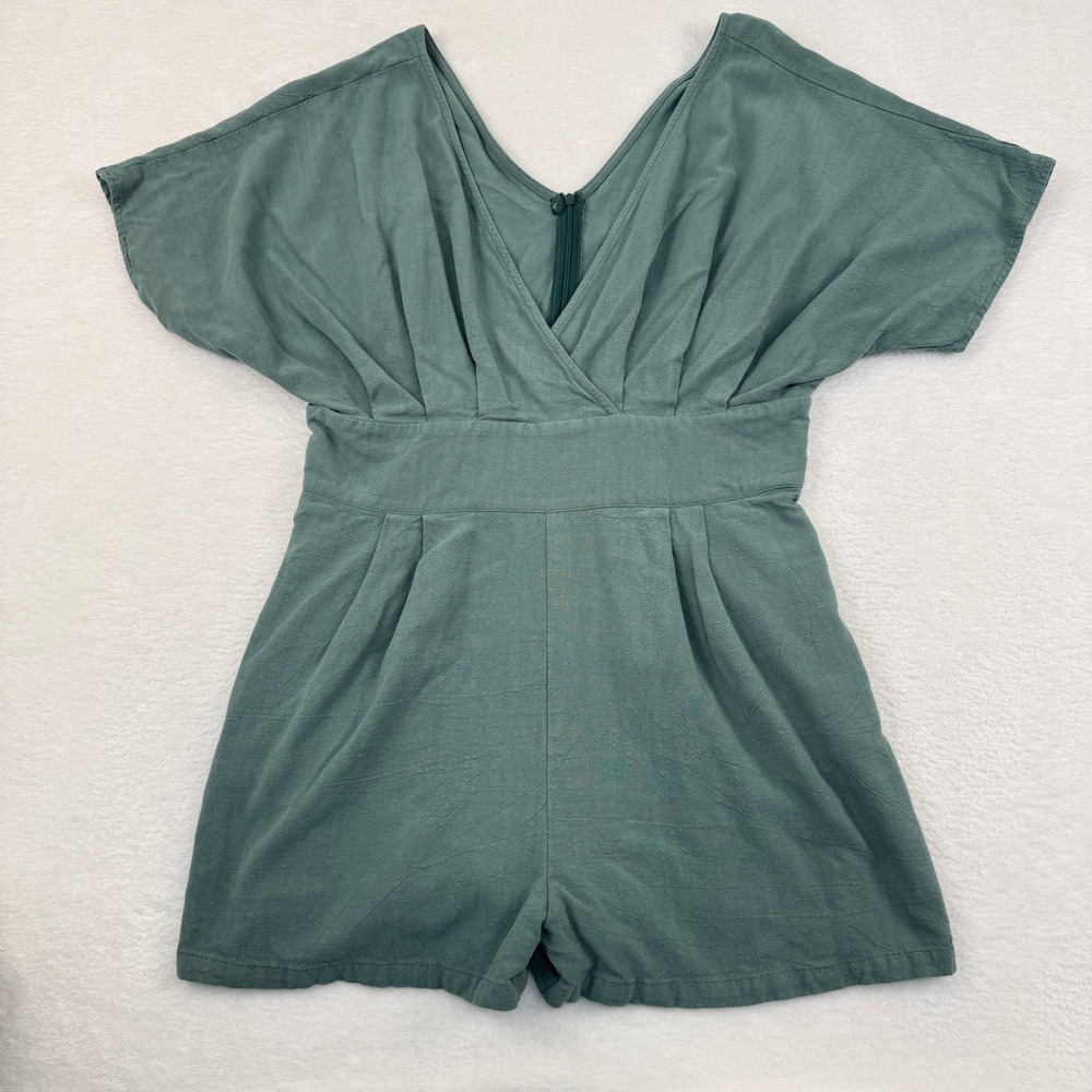 Cider Linen Blend Romper Womens XL Green V-Neck Short Sleeve Pockets Boho Travel